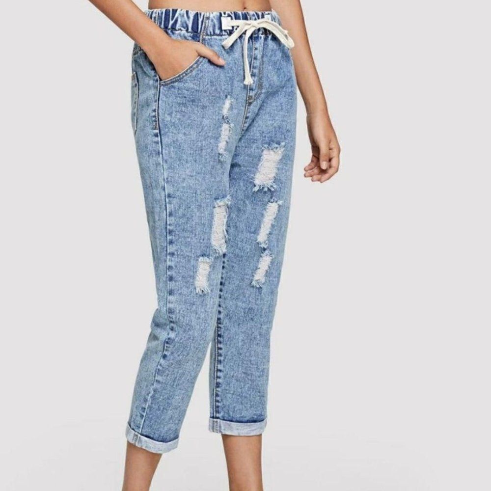 Shein Boyfriend Tapered Jeans Drawstring Waist Distressed Cropped Light Wash